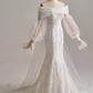Elegant Off Shoulder Long Sleeve Pleated Tulle Mermaid Wedding Dress D3166