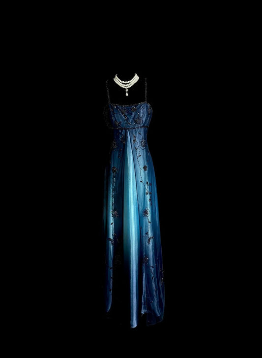 Stunning Prom Dress Gradient Blue Spaghetti Straps Long Evening Dress Gala Dress  D3200