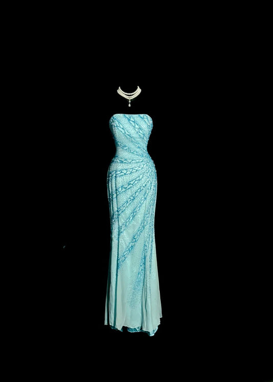 Shiny Prom Dress Strapless Pleated Beading Long Prom Dress Evening Dress Birthday Party Dress   D3207