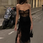 Robe sexy noire à bretelles spaghetti en dentelle pour femme, tenue d'anniversaire, robe de soirée en bord de mer, D3240