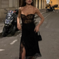 Robe sexy noire à bretelles spaghetti en dentelle pour femme, tenue d'anniversaire, robe de soirée en bord de mer, D3240