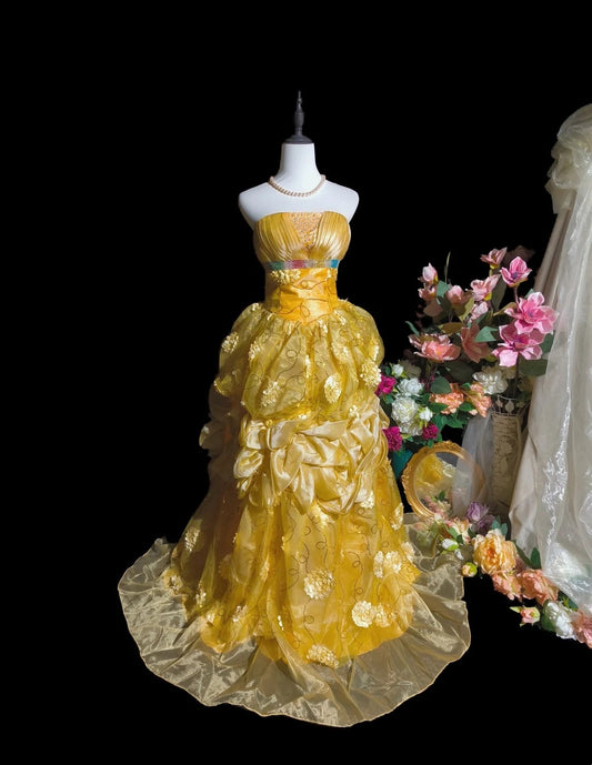 Stunning Prom Dress Yellow Strapless Pleated Evening Dress Birthday Party Outfits    D3244