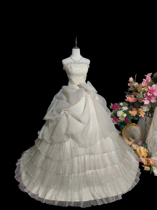 Vintage Wedding Dress Strapless Pleated Tulle Wedding Dress  D3247