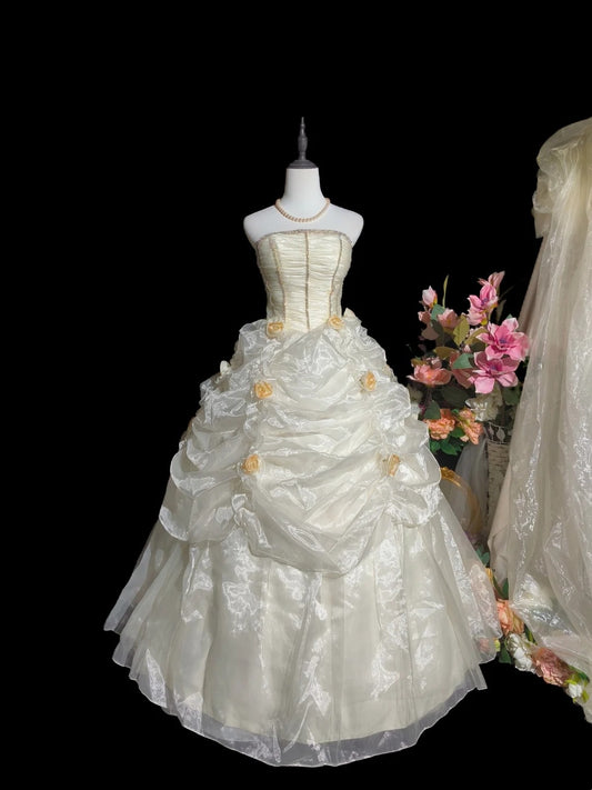 Retro Wedding Dress Strapless Pleated Rose Wedding Dress  D3249