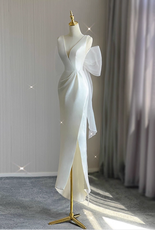 Minimalist Wedding Dress V-neck Pleated Slit Wedding Dress  D3262