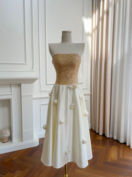 Shiny Prom Dress A Line Strapless Flower Birthday Party Outfits Cocktail Dress     D3268