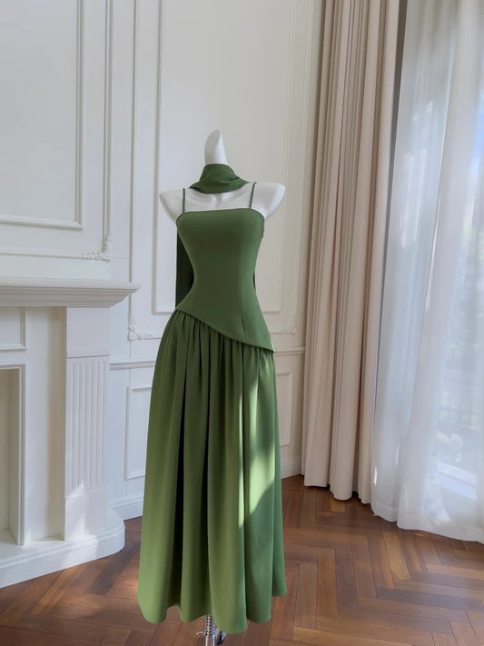 Elegant Prom Dress Green A Line Spaghetti Straps Pleated Birthday Party Outfits     D3271