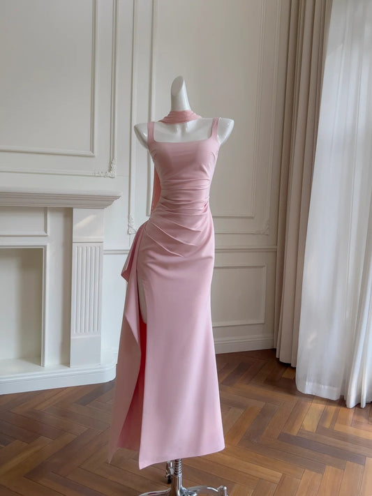 Pretty Prom Dress Square Neck Pleated Slit Long Birthday Party Dress  D3273