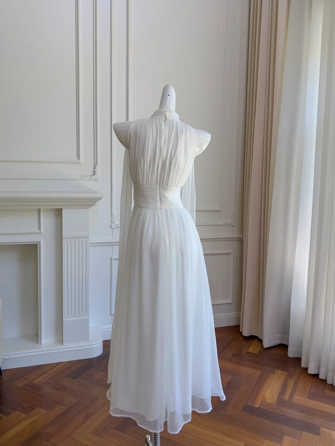Elegant Prom Dress White High Collar Pleated Long Birthday Party Outfits Cocktail Dress  D3275