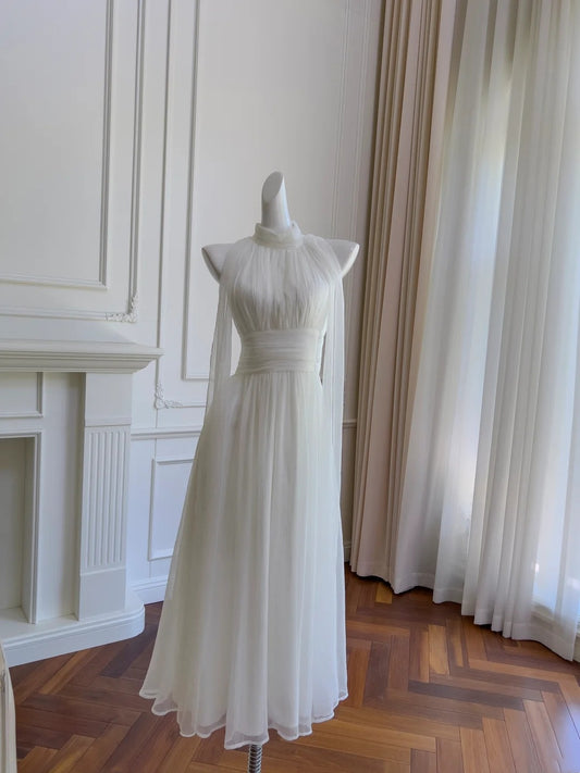 Elegant Prom Dress White High Collar Pleated Long Birthday Party Outfits Cocktail Dress  D3275