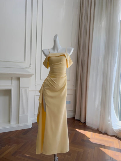 Pretty Prom Dress Spaghetti Straps Pleated Slit Long Birthday Party Outfits Cocktail Dress  D3276