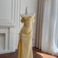 Pretty Prom Dress Spaghetti Straps Pleated Slit Long Birthday Party Outfits Cocktail Dress  D3276