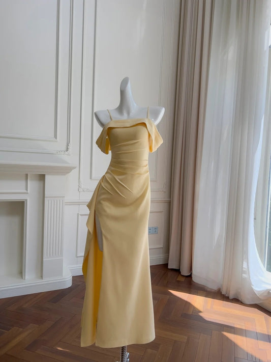 Pretty Prom Dress Spaghetti Straps Pleated Slit Long Birthday Party Outfits Cocktail Dress  D3276