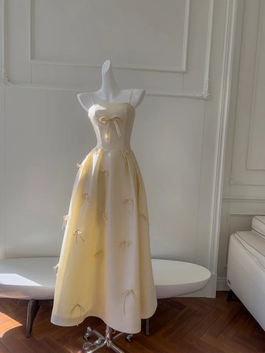 Sweet Prom Dress Light Yellow A Line Spaghetti Straps Long Birthday Party Outfits Evening Gown  D3277