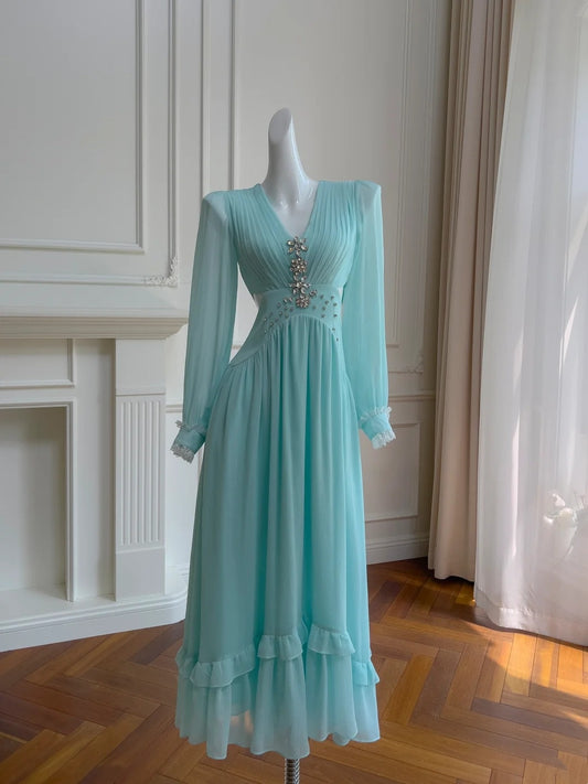 Elegant Prom Dress A Line V-neck Pleated Birthday Party Outfits Long Evening Gown  D3278
