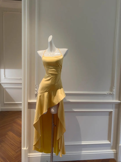 Popular Prom Dress Halter Pleated Asymmetrical Hem Birthday Party Outfits Cocktail Dress  D3280