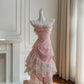 Stunning Prom Dress Pink Spaghetti Straps Lace Asymmetrical Hem Birthday Party Outfits Cocktail Dress  D3281