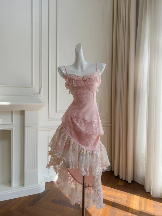 Stunning Prom Dress Pink Spaghetti Straps Lace Asymmetrical Hem Birthday Party Outfits Cocktail Dress  D3281