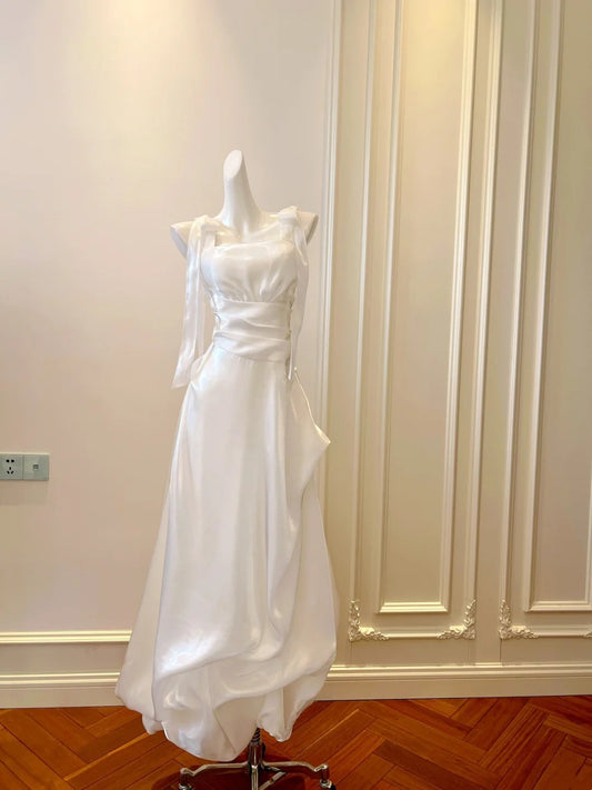 Elegant Prom Dress White A Line Square Neck Pleated Birthday Party Outfits Long Evening Dress  D3282