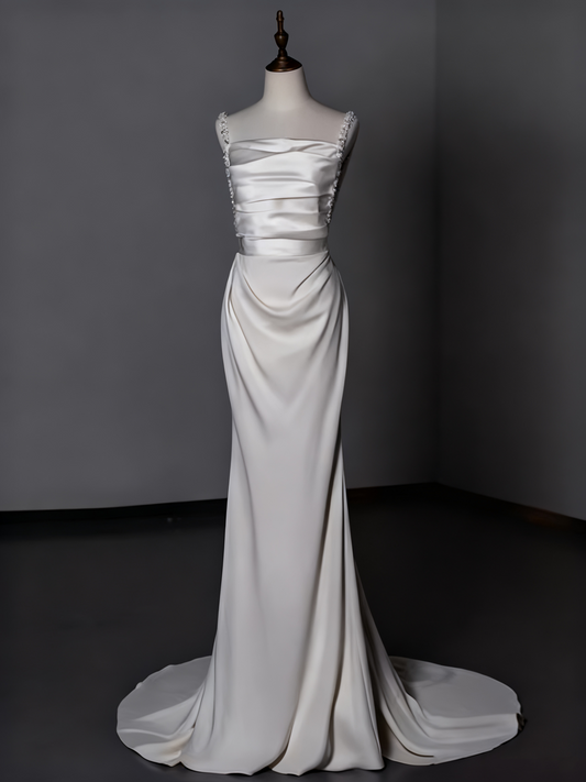 Minimalist Wedding Dress Spaghetti Straps Pleated Beading Mermaid Wedding Dress D3284