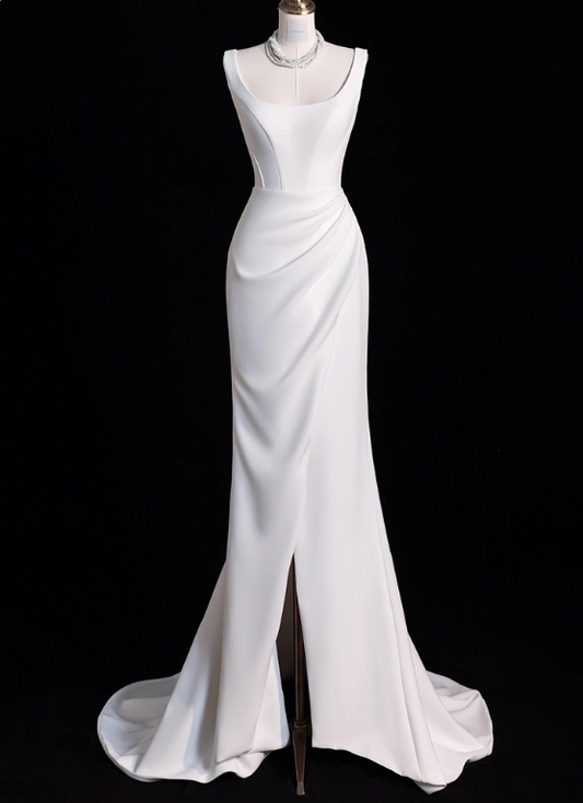 Minimalist Wedding Dress Spaghetti Straps Slit Mermaid Wedding Dress D3286