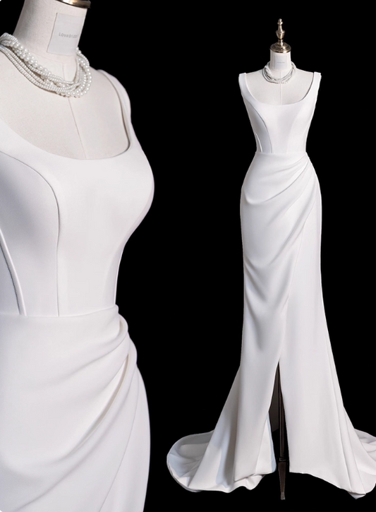 Minimalist Wedding Dress Spaghetti Straps Slit Mermaid Wedding Dress D3286
