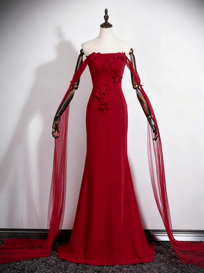 Superbe robe de bal rouge vin, bustier, motif floral, style sirène, D3304