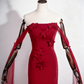 Superbe robe de bal rouge vin, bustier, motif floral, style sirène, D3304