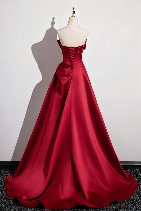 Jolie robe de bal rouge vin, coupe trapèze, sans bretelles, plissée, robe de soirée, robe de gala, D3308