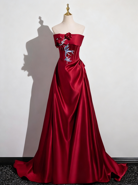 Jolie robe de bal rouge vin, coupe trapèze, sans bretelles, plissée, robe de soirée, robe de gala, D3308