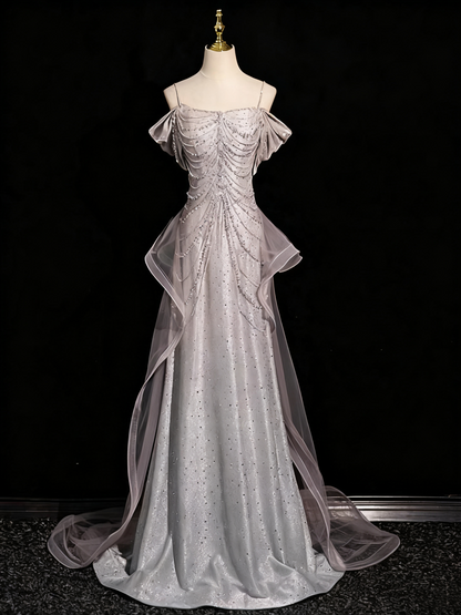 Shiny Prom Dress A Line Spaghetti Straps Tulle Birthday Party Outfits Evening Gown    D3312