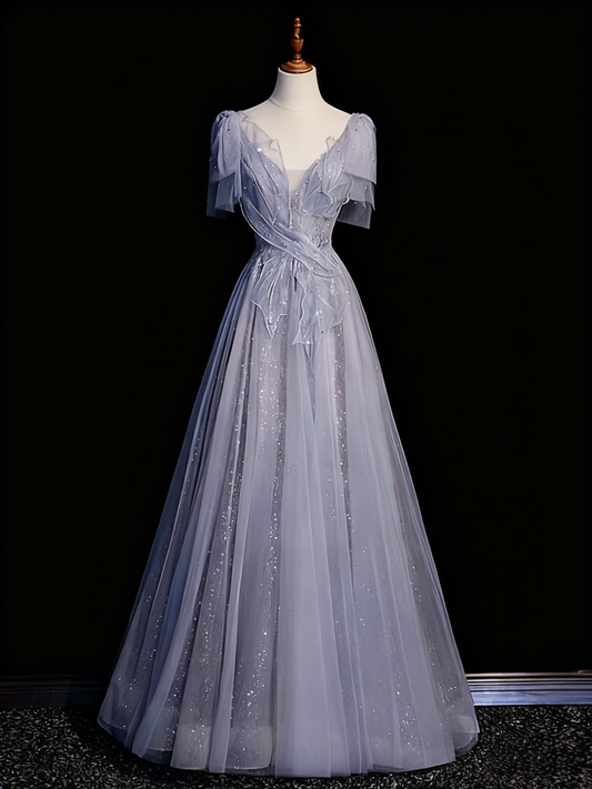 Superbe robe de bal à col en V en tulle plissé, tenue de fête d'anniversaire, robe de soirée D3314