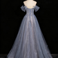 Shiny Prom Dress Off Shoulder Tulle Pleated Evening Gown Birthday Party Dress    D3318