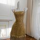 Superbe robe de soirée dorée trapèze à bretelles spaghetti et pompons, tenue de bal courte pour fête d'anniversaire D3334
