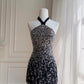 Robe de soirée noire brillante, coupe trapèze, col licou, courte, tenue de bal, de fête d'anniversaire, de cocktail, D3337