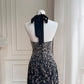Robe de soirée noire brillante, coupe trapèze, col licou, courte, tenue de bal, de fête d'anniversaire, de cocktail, D3337