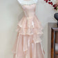 Robe de bal rose à volants et col ras du cou, robe de cocktail, robe de fête d'anniversaire, D3342