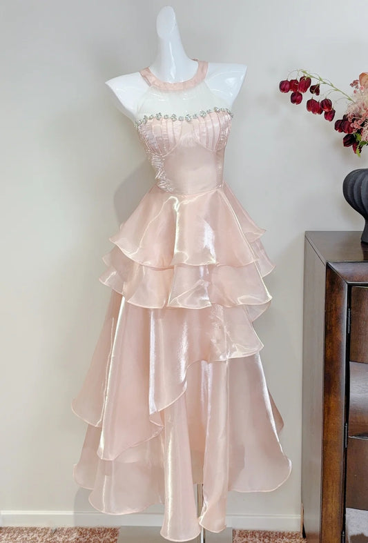Robe de bal rose à volants et col ras du cou, robe de cocktail, robe de fête d'anniversaire, D3342