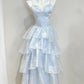 Robe de bal bleu ciel à volants et bretelles spaghetti, robe de cocktail, robe de fête d'anniversaire, D3343
