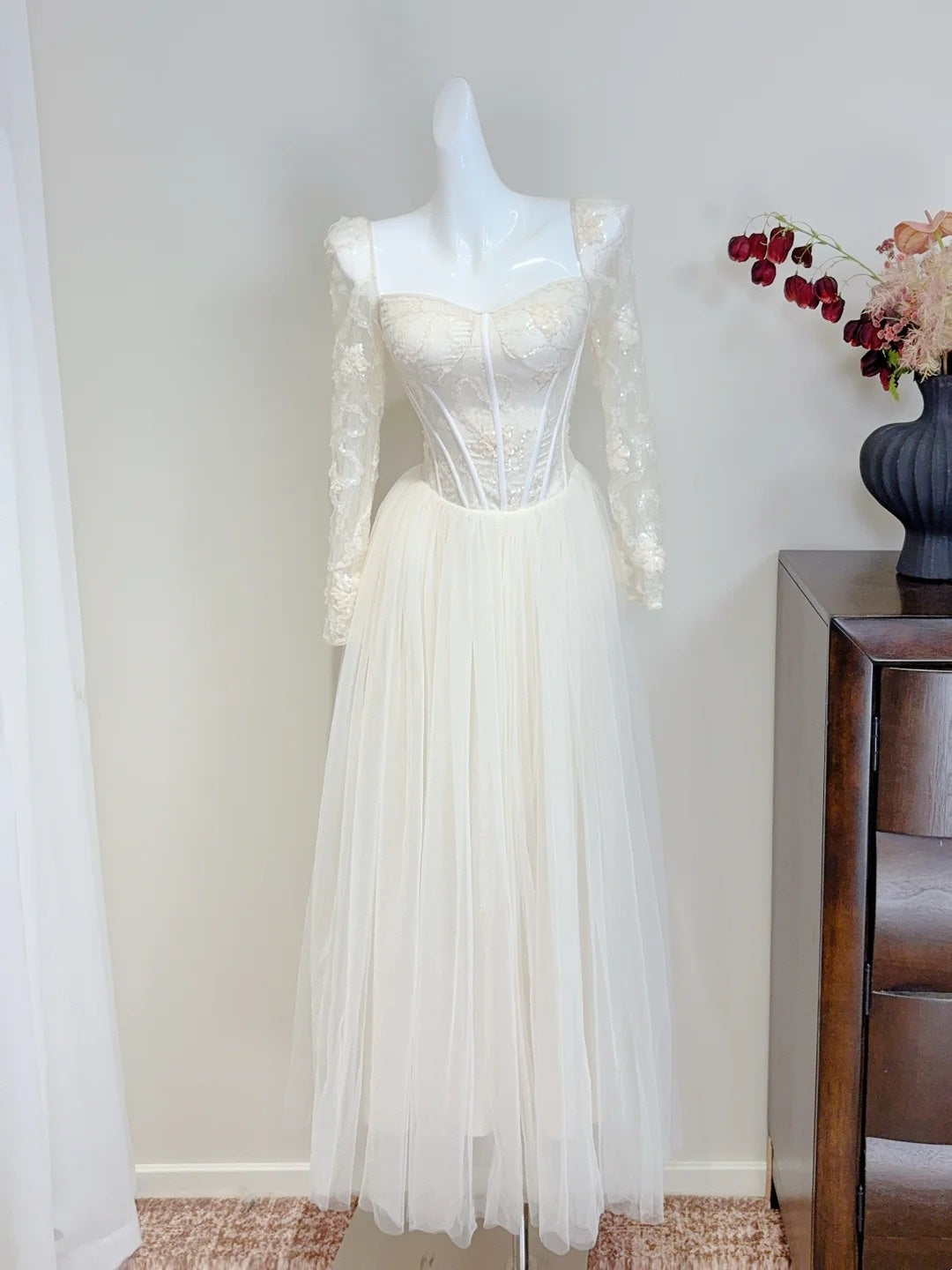 Robe de bal élégante, col carré, en tulle, robe de cocktail, robe de fête d'anniversaire, D3344