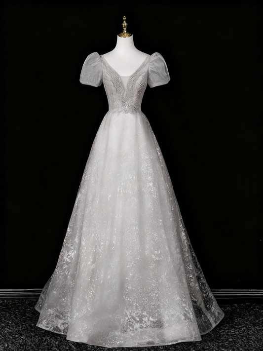 Robe de bal brillante, coupe trapèze, col en V, en tulle, robe de soirée, robe de Quinceanera, D3371