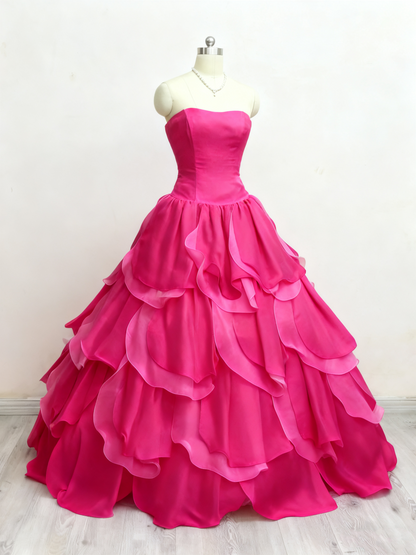 Charmante robe de bal rose vif sans bretelles à volants, robe de soirée, robe de bal D3383