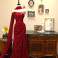 Robe de bal élégante rouge vin, robe de soirée sirène sans bretelles, robe de gala D3412