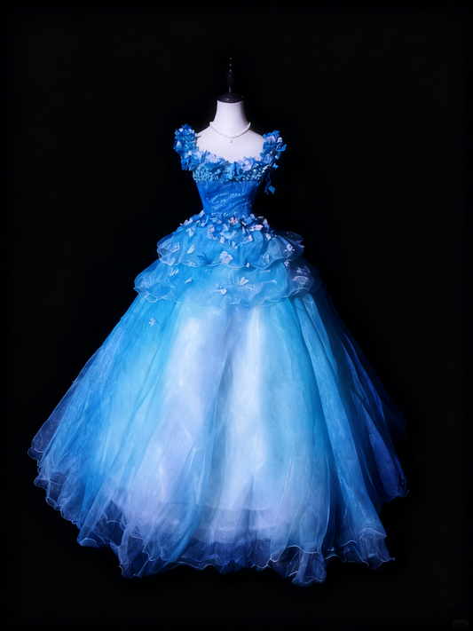 Romantic Prom Dress Crew Neck Tulle Floral Ball Gown Evening Dress Sweet 16 Dress D3417