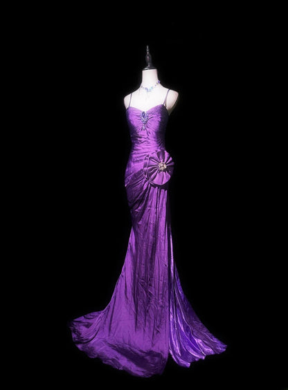 Gorgeous Prom Dress Purple Spaghetti Straps Pleated Mermaid Evening Dress Birthday Party Dress     D3419