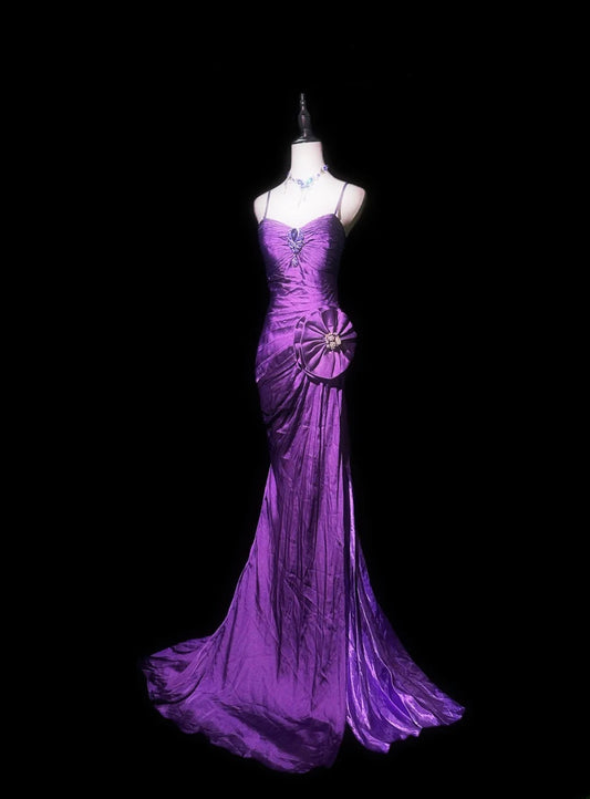 Gorgeous Prom Dress Purple Spaghetti Straps Pleated Mermaid Evening Dress Birthday Party Dress     D3419