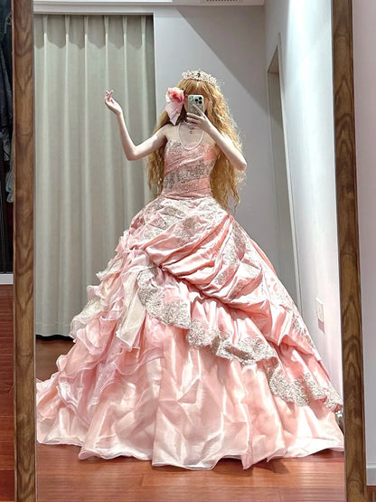 Sweet Prom Dress Strapless Pleated Ruffle Ball Gown Quinceanera Dress D3442