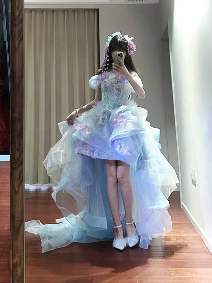 Beauty Homecoming Dress Off Shoulder Hi-lo Hem Tulle Birthday Party Dress    D3444