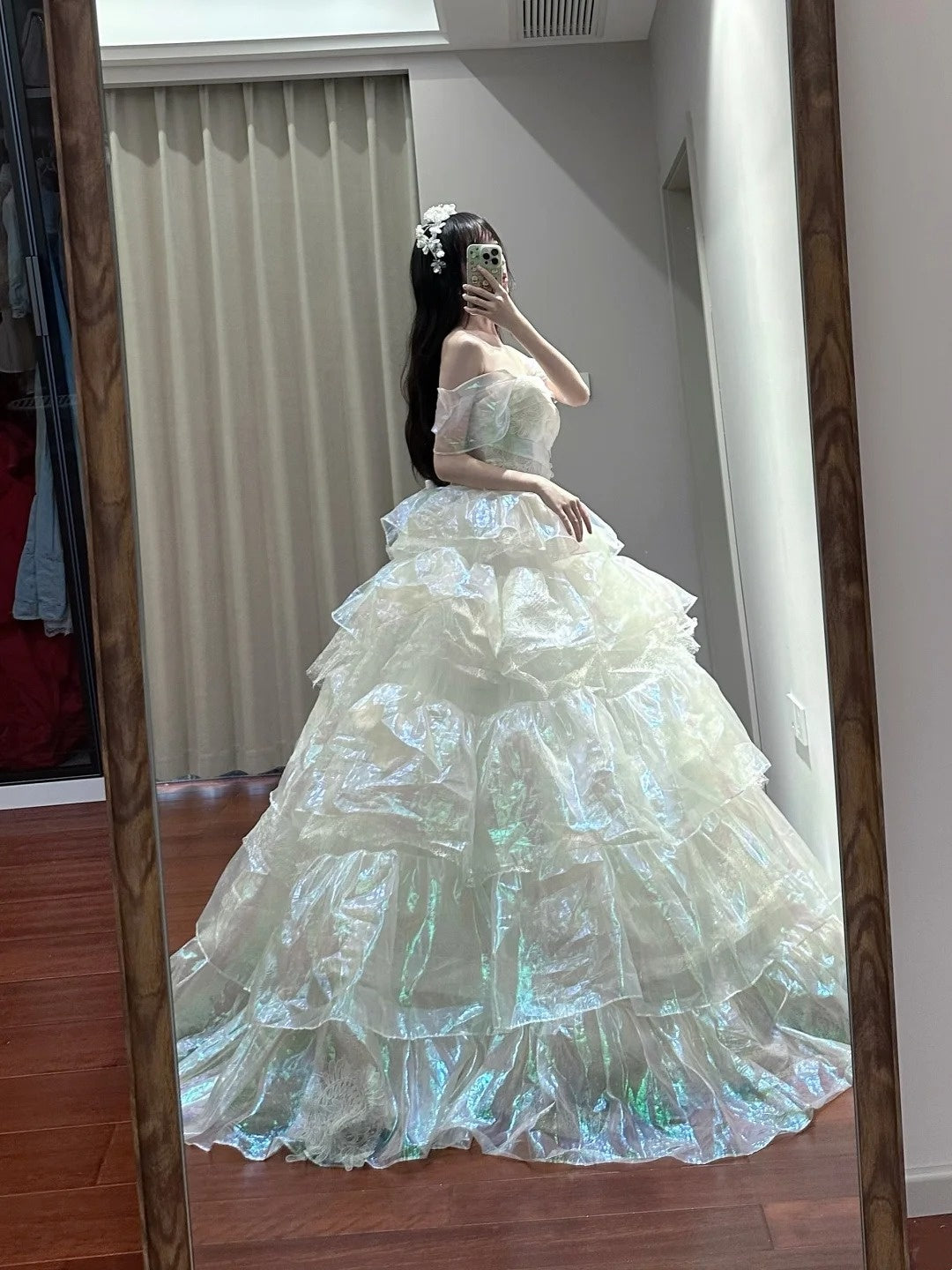 Shiny Prom Dress Off Shoulder Tiered Ball Gown Birthday Party Dress Princess Dress   D3450