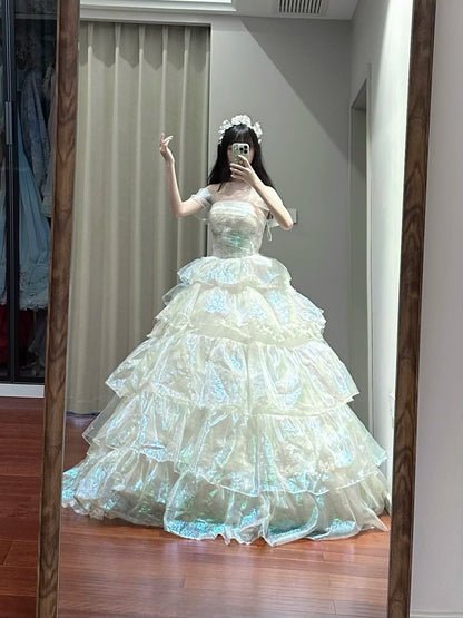 Shiny Prom Dress Off Shoulder Tiered Ball Gown Birthday Party Dress Princess Dress   D3450